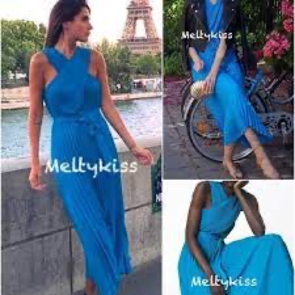 ZARA BLUE BLUE CRISS CROSS HALTER LONG DRESS - Picture 7 of 10